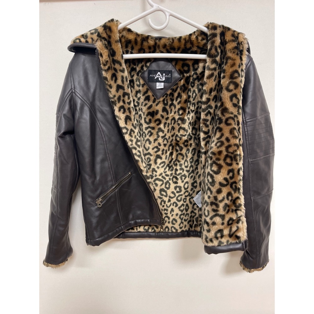 Andy Johns Faux Leather Jacket Brown Leopard Faux Fur Lining Moto Zip Front M